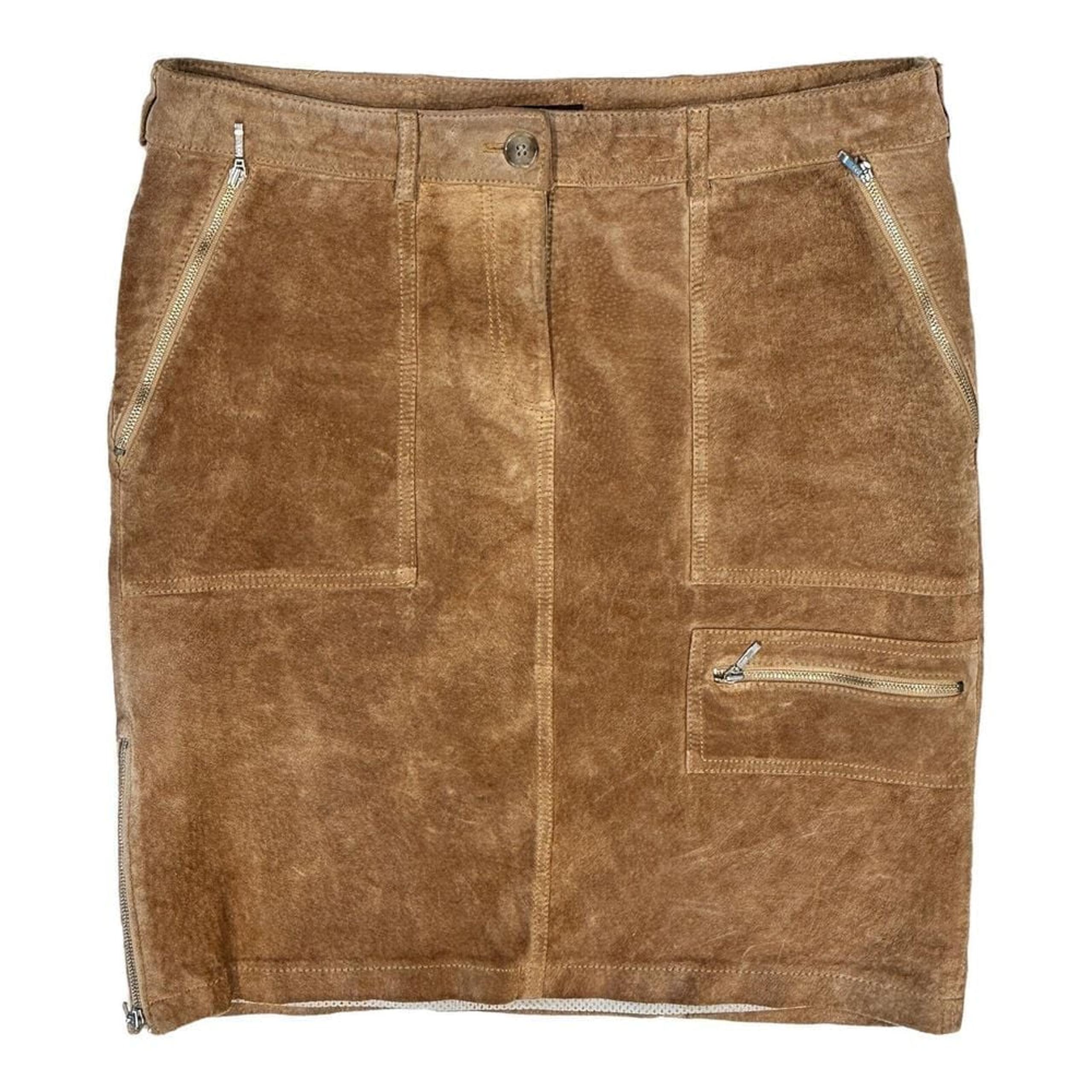 Vintage Danier Skirt Pencil A-Line Brown Leather Pockets Zipper Women's Size 6