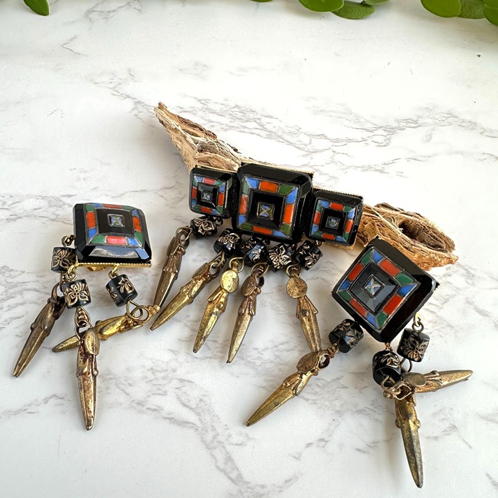 TOGO Paris Brooch and Earrings, Mosaic Glass Cabochons, Vintage Jewelry