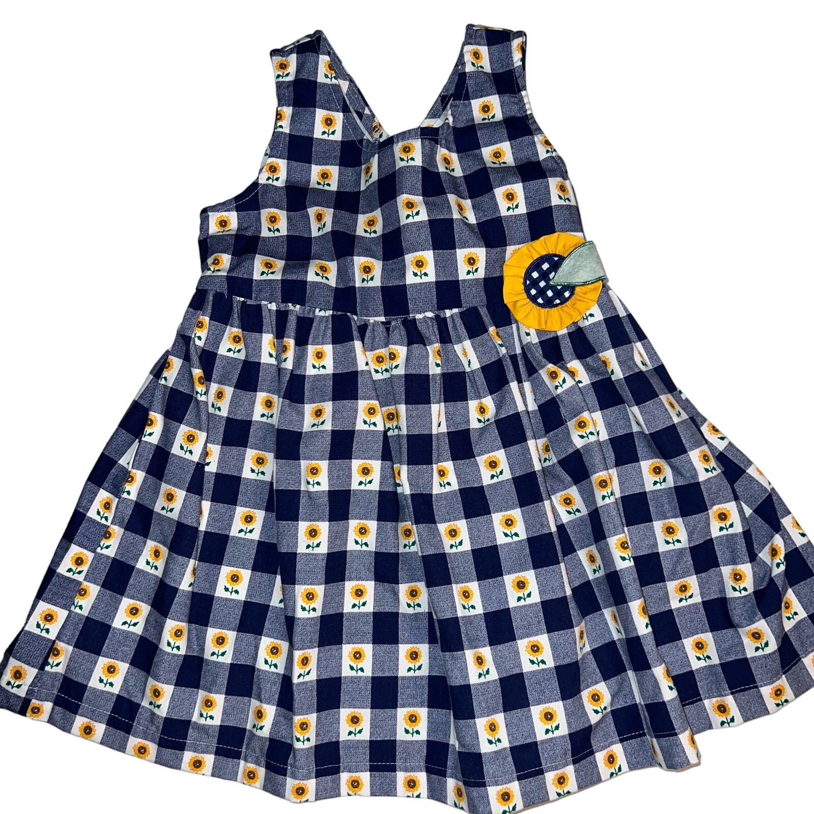 Vintage sunflower fall gingham navy blue and white girls dress tie in back Sz 4