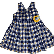 Vintage sunflower fall gingham navy blue and white girls dress tie in back Sz 4
