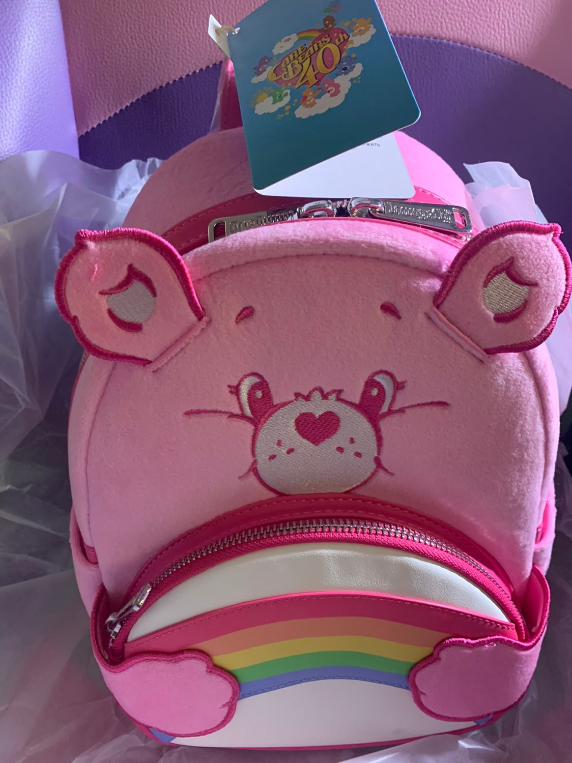Loungefly Care Bears 40th Anniversary Cheer Bear Cosplay Plush Mini Bacpack. NW