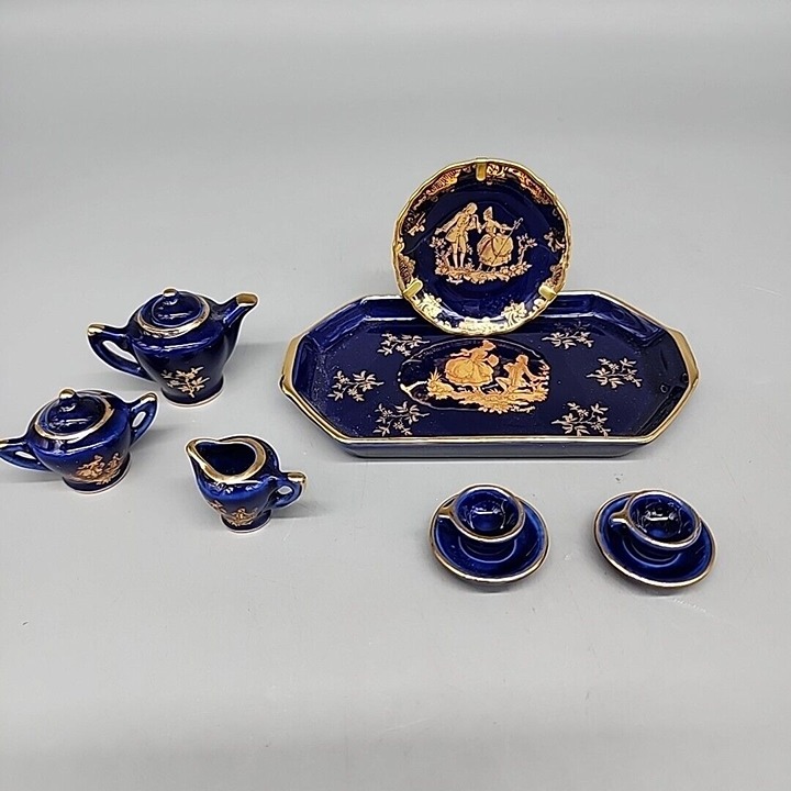 limoges france cobalt blue gold porcelain Handpainted miniature Tea Set