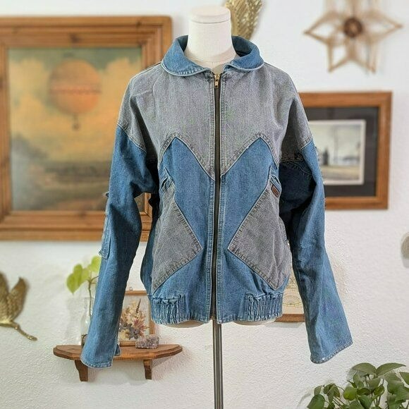 1980s Vintage Cosi Two Tone Denim Jean Jacket Full Zip Long Sleeve