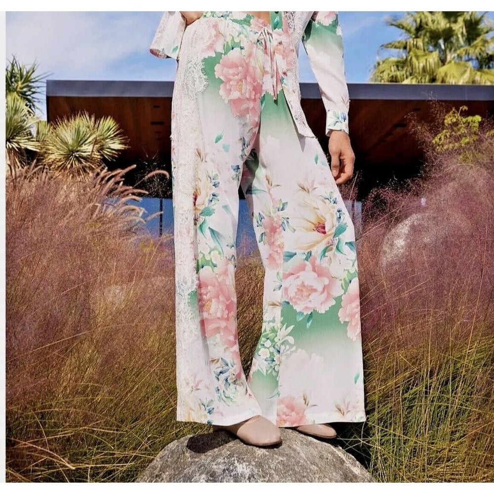 Johnny Was JADE 295 NWT RUKSANA 100% silk Easy Wide leg Pant Lace trim SMALL