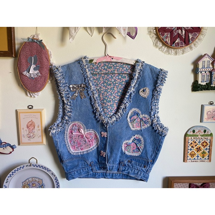vintage handmade upcycled jeans coquette girly heart patch denim vest
