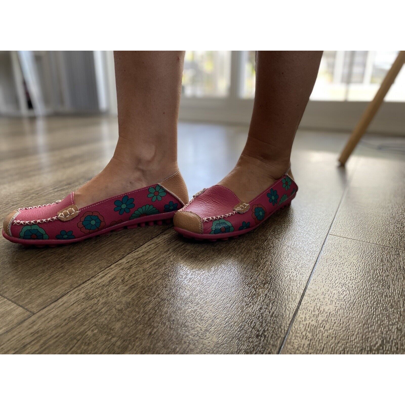 Women's Leather Loafers Bright Casual Flower Print Slip On Flat Pumps Shoes US 8