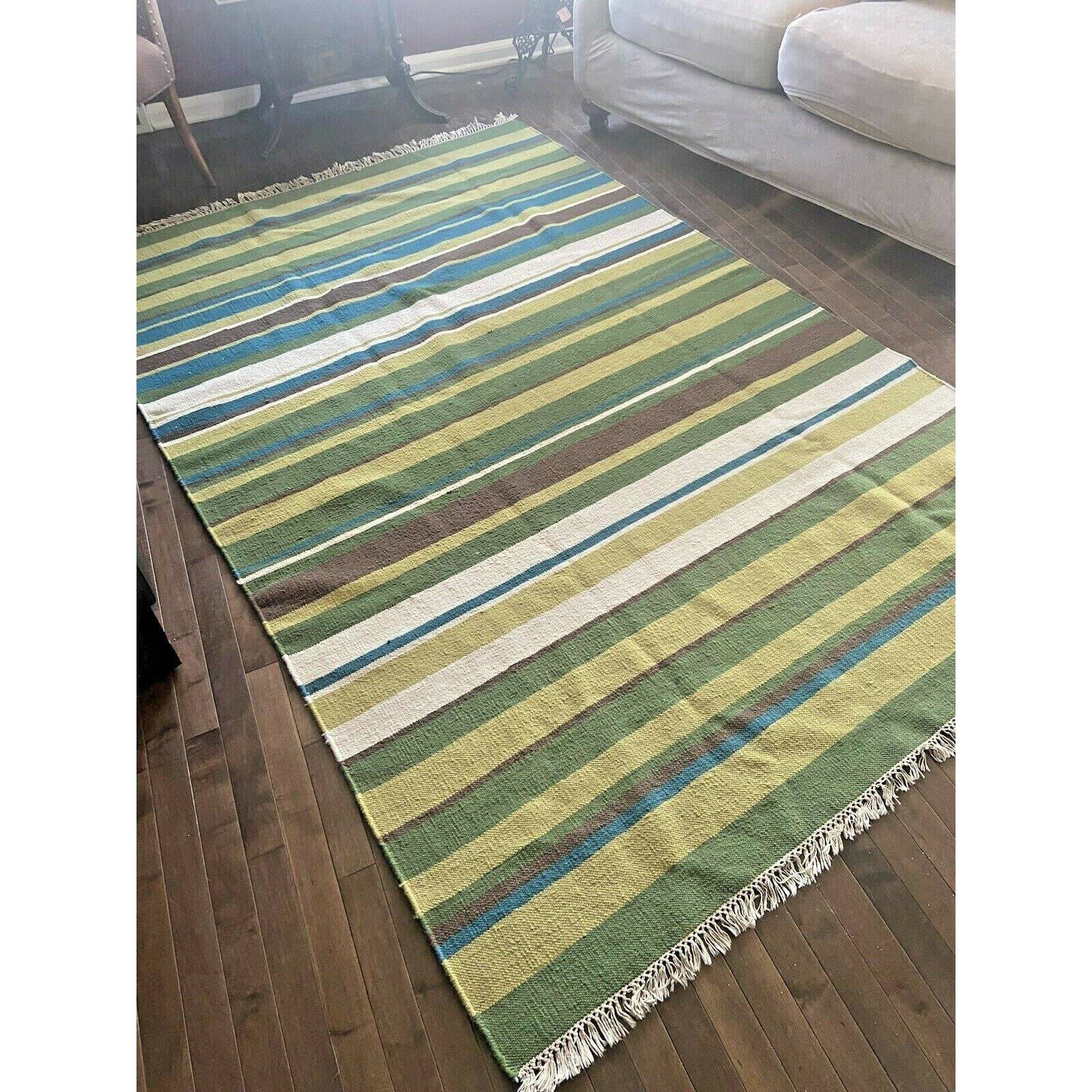 8 x 5' Wool Kilim Rug Pier 1 Imports Flat Cotton Weave Green Brown Blue Stripes