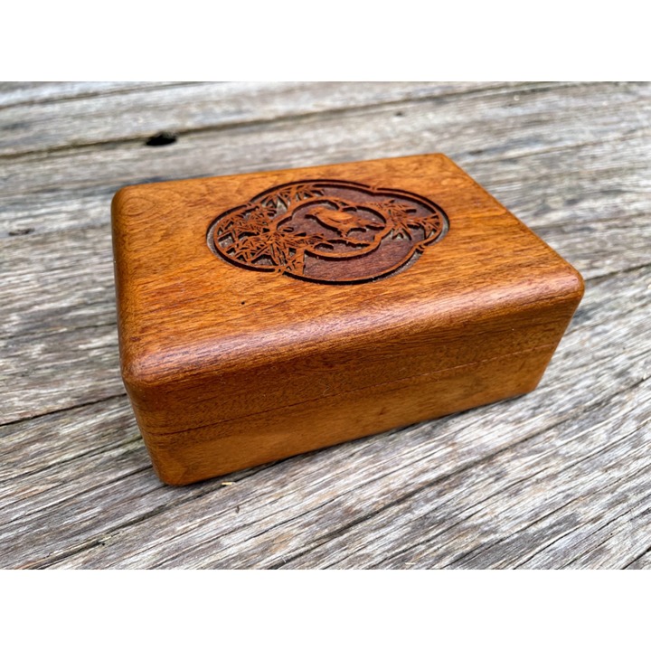 Vintage Small Walnut Wood Jewelry Box Carved Bird on Branch