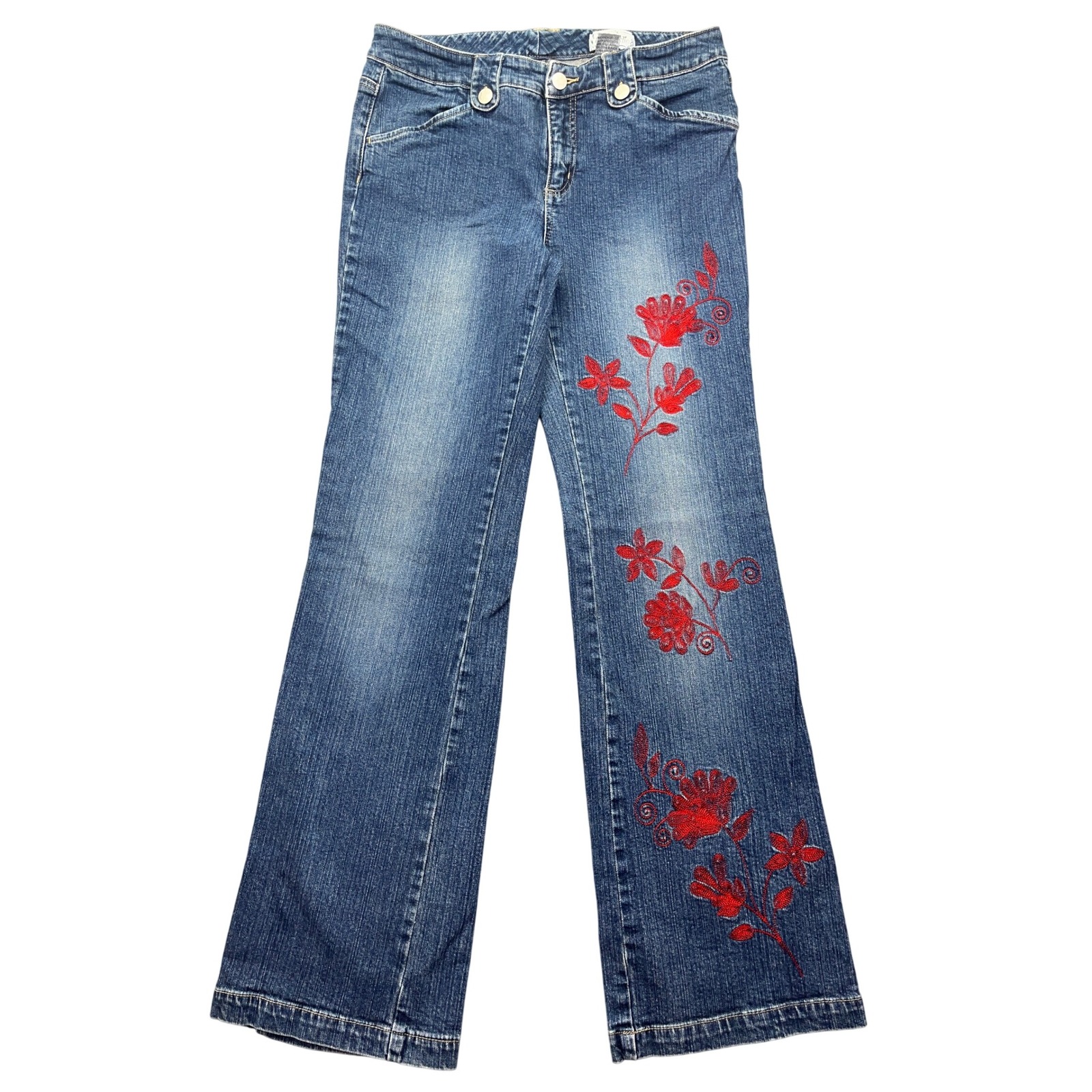VTG Live A Little Denim Jeans Floral Embroidered Flare Hong Kong Sz 4 Fits 30