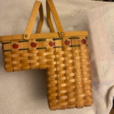 Vintage woven wooden country apple stair basket with wooden handles