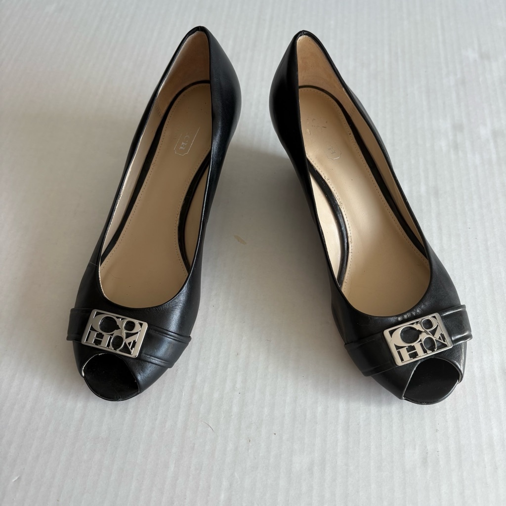 靴 Coach Peeptoe Logo Fabric Wedges (Black) Coach | Shoes | Coach Logo Black White Jan Wedge Heel