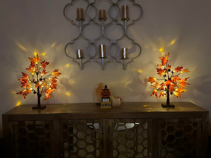 Fall Decorations for Home, 2 Pack 24”/2FT Lighted Fall Maple Leaves Tree
