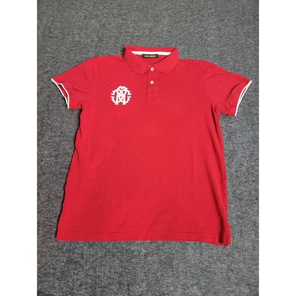 Roberto Cavalli Men's Size M Red White Logo Embroidered Cotton Pique Polo Shirt