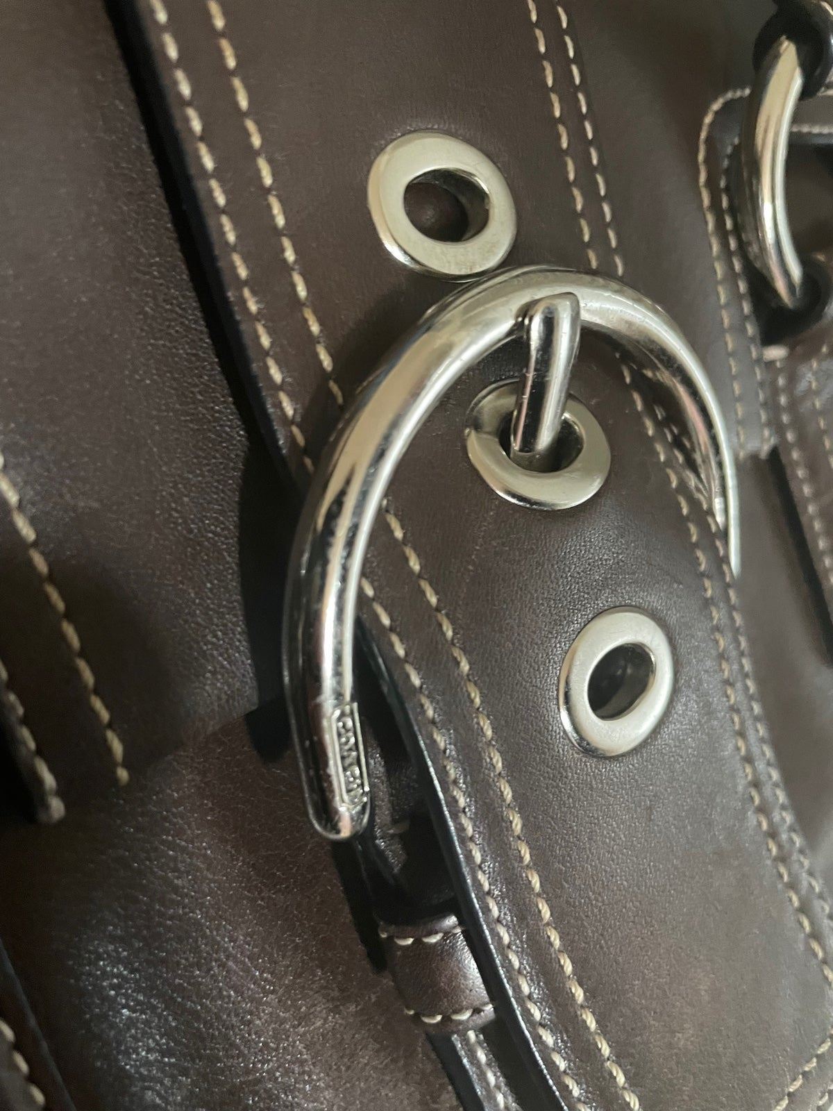 COACH HAMPTONS 8A11 Brown buy leather satchel Double Buckle purse