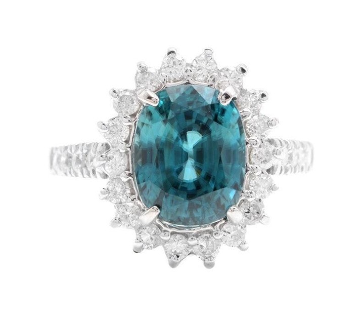 6.90Ct Oval Blue Zircon & Diamond Halo Solitaire Ring 14k White Gold