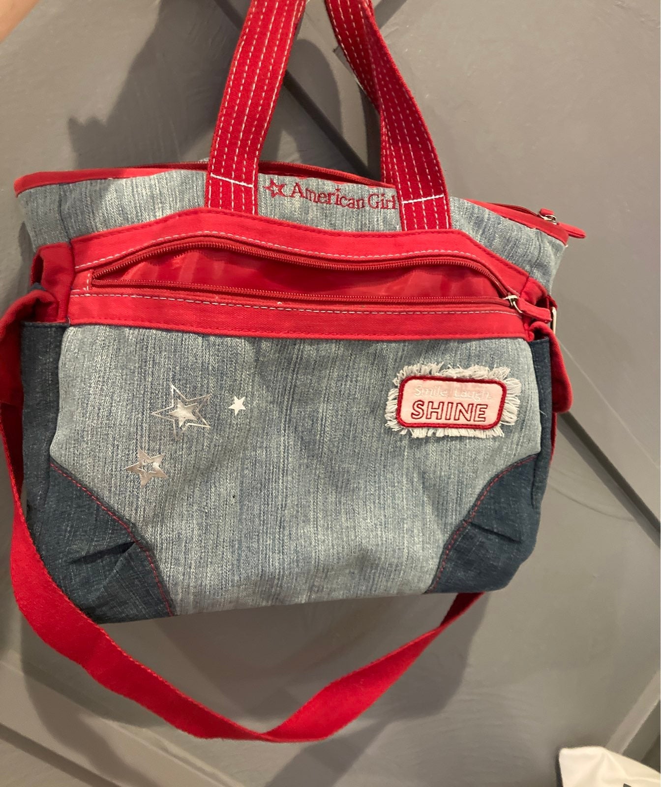 American girl doll denim rare bag