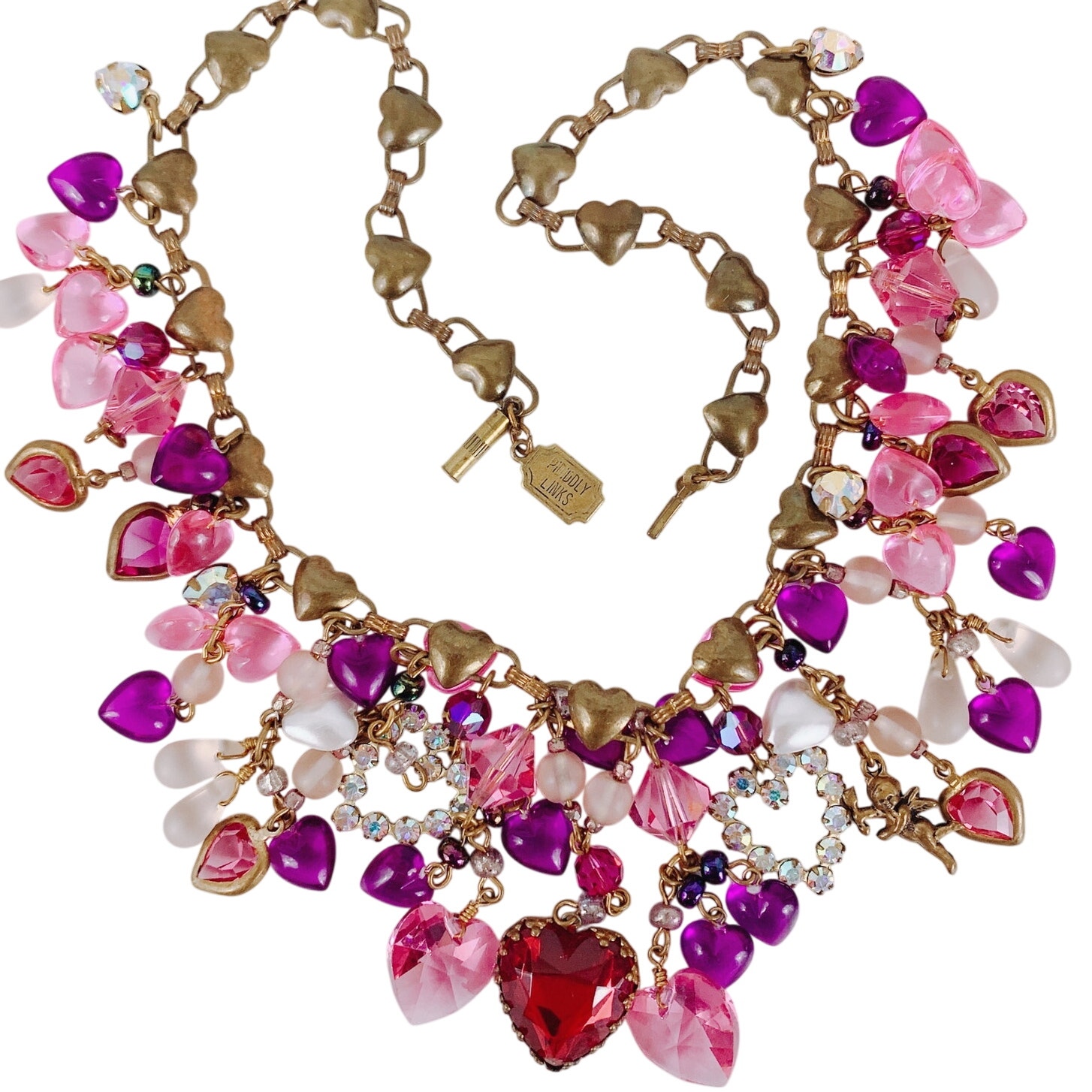 VTG Signed Piddly Links Mid Century Heart Charm Necklace Moonglow AB Beads 1950s