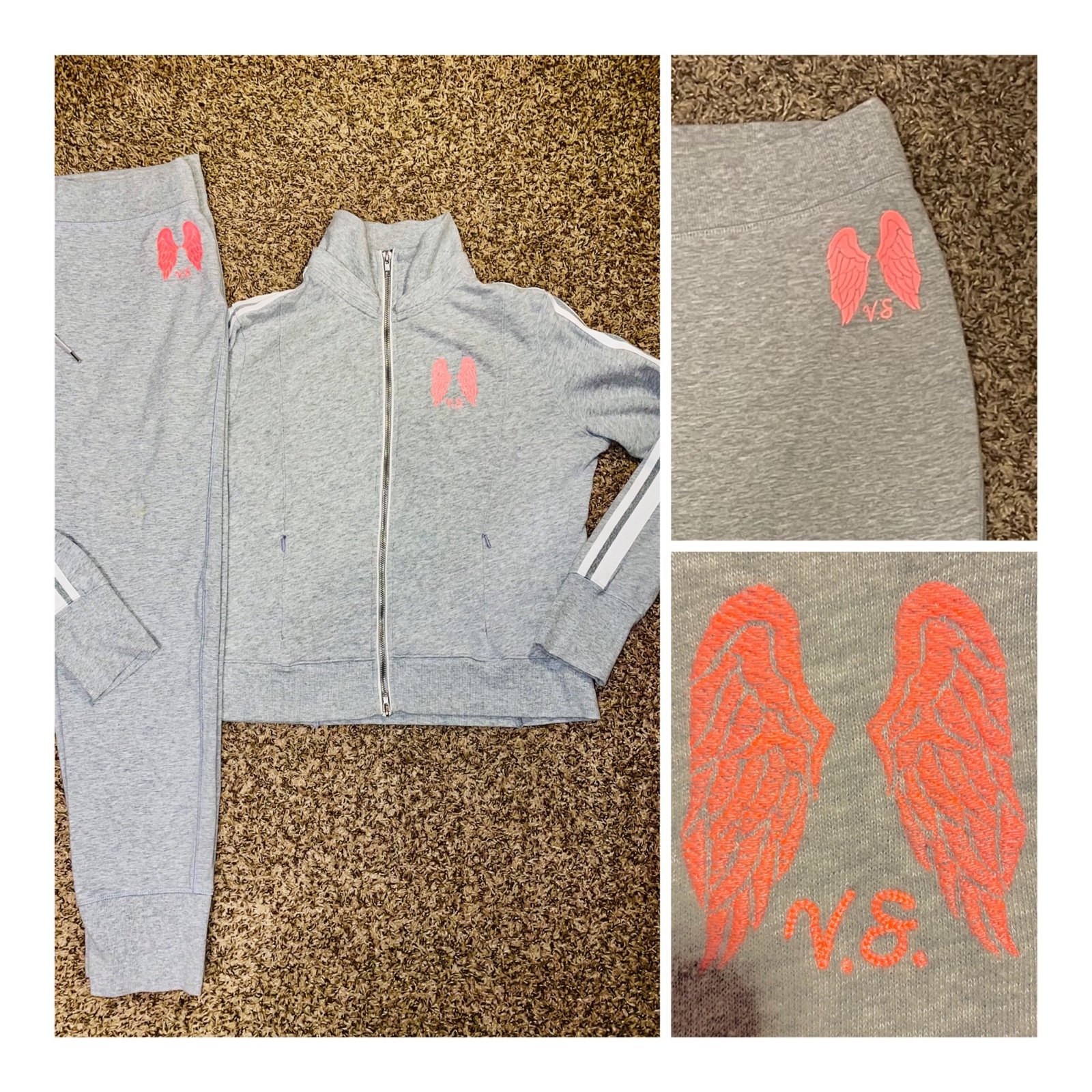 Victoria’s Secret neon coral grey angel wing jogger lounge pants zip jacket set