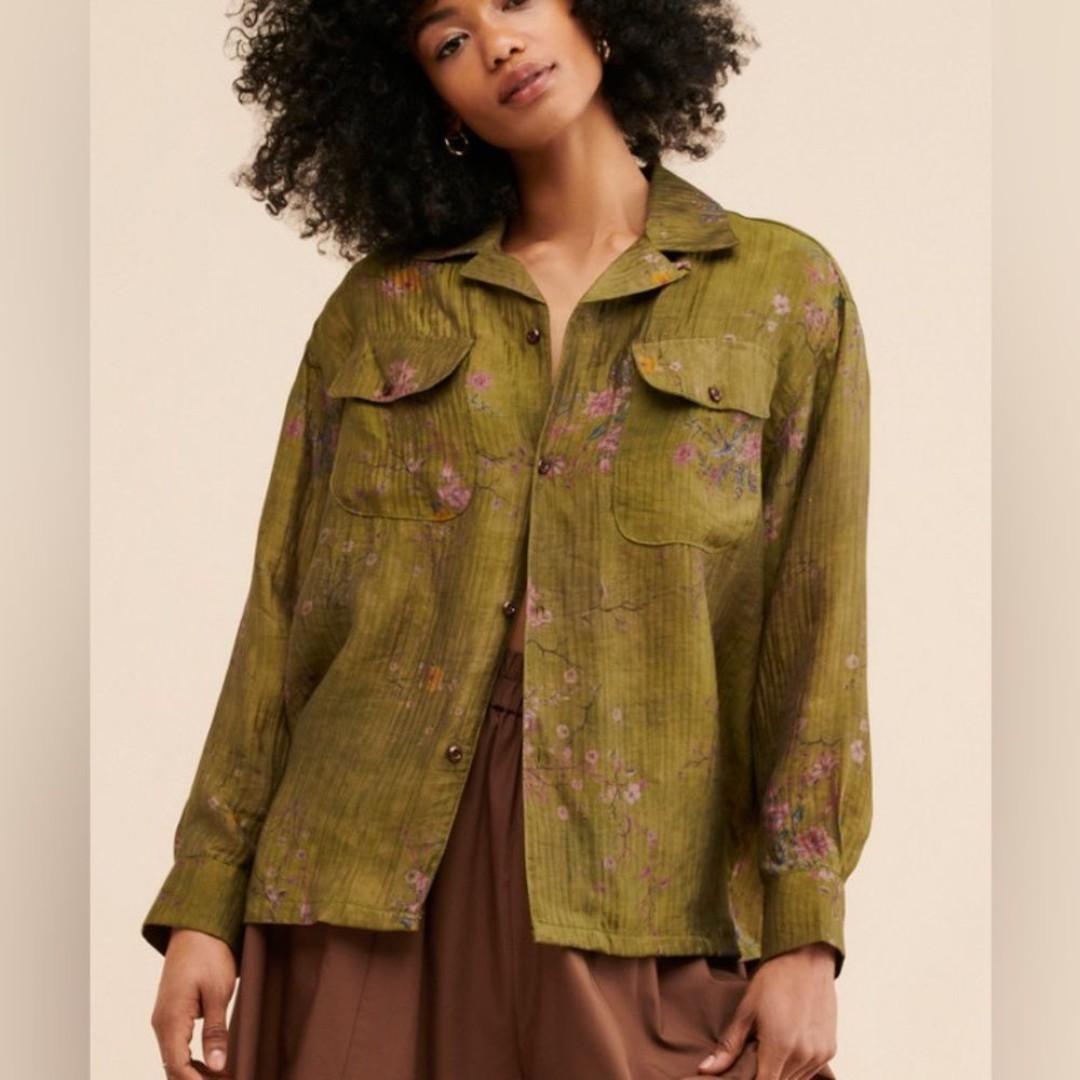Anthropologie Found L Floral Moss Camp Shirt Green Cottage Pockets Boxy Lyocell