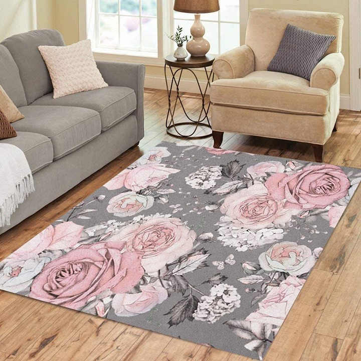 Area Rug Pink Flowers and Leaves on Gray Watercolor Floral Home Decor
