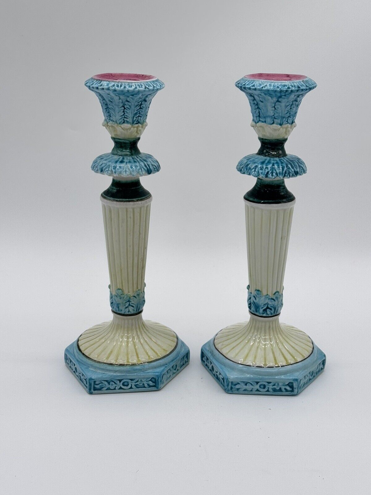 Pair Of Ceramic Candlesticks Hand Painted In Italy
