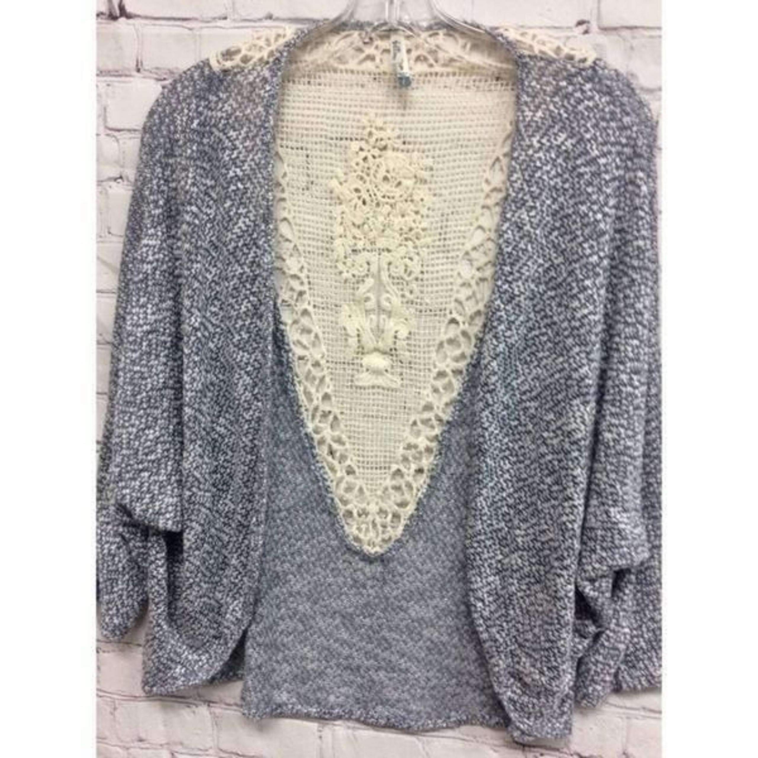 Wallflower Womens Cardigan Sweater Gray White Marled Open Front Crochet L