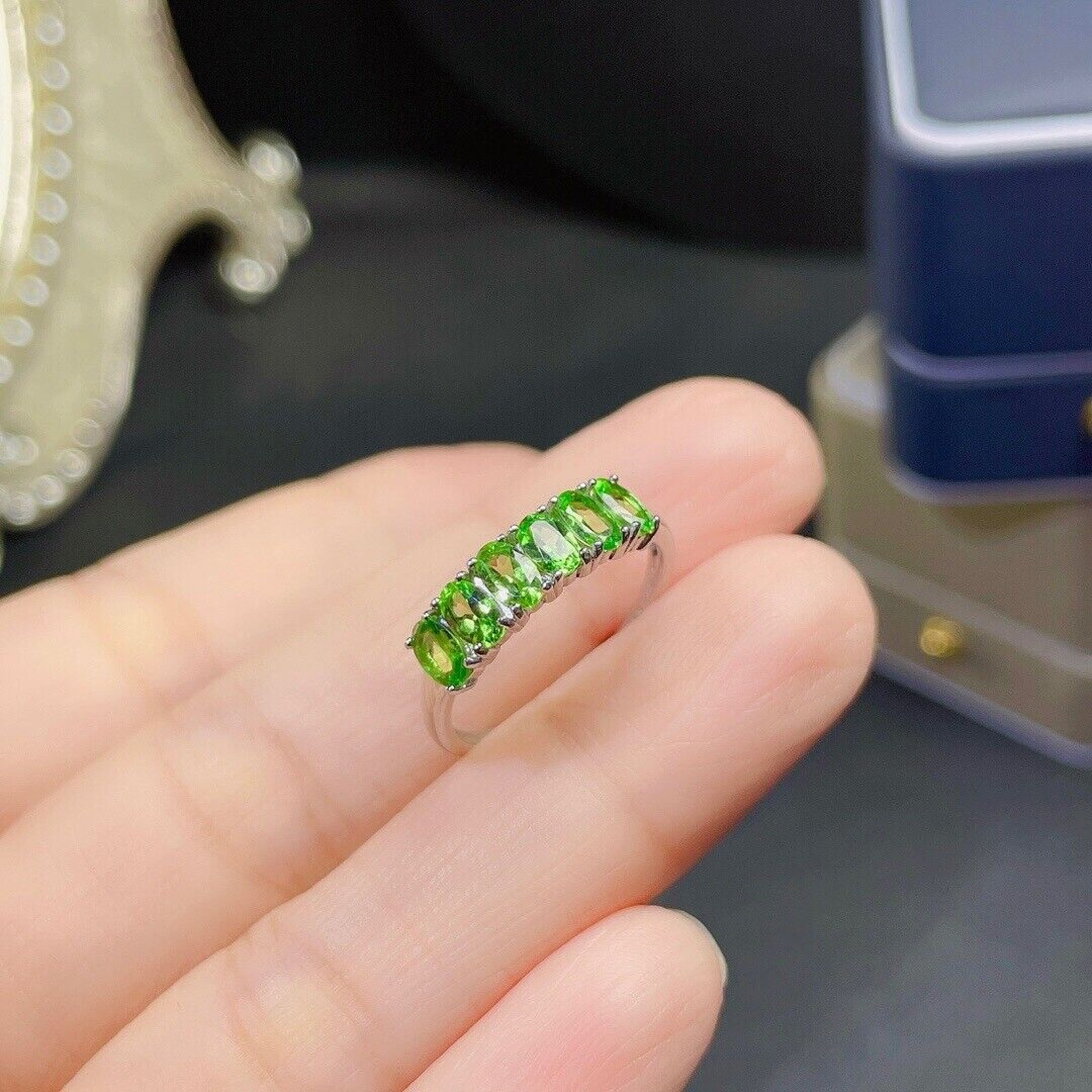 Natural Tsavorite Oval Cut Band Ring, Women's Tsavorite Ring Platinum Plated