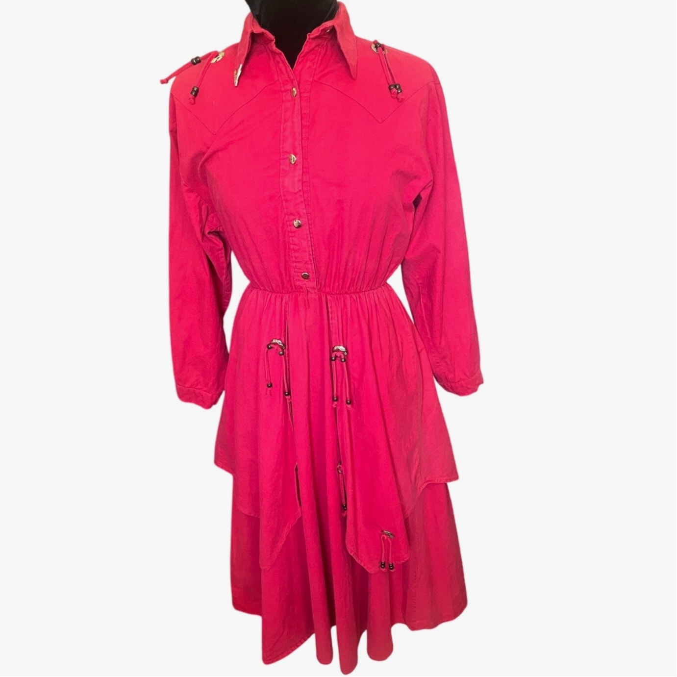 Vintage 70’s Saisa Long Sleeve Red Country Western Square Dance Dress Small Med