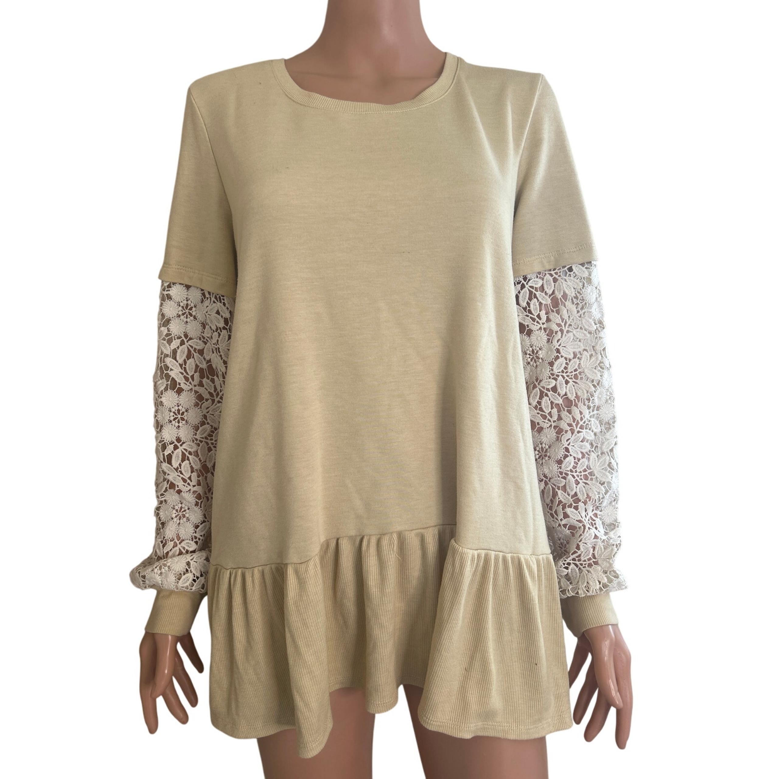 LOGO Lounge by Lori Goldstein Crochet Sleeves French Terry Top khaki tan SZ LG