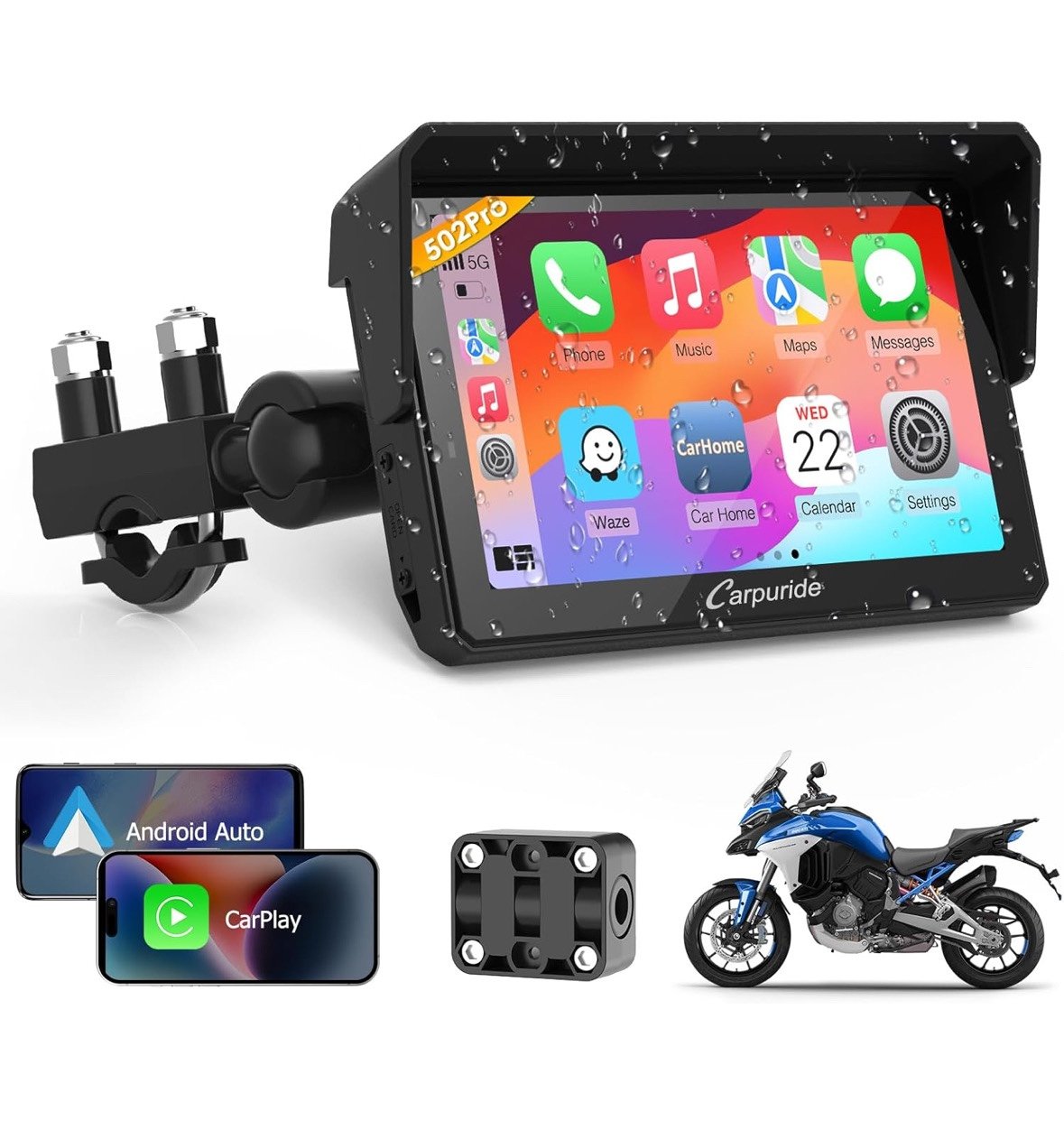 Carpuride W502pro Motorcycle GPS Carplay Screen, 5 inch