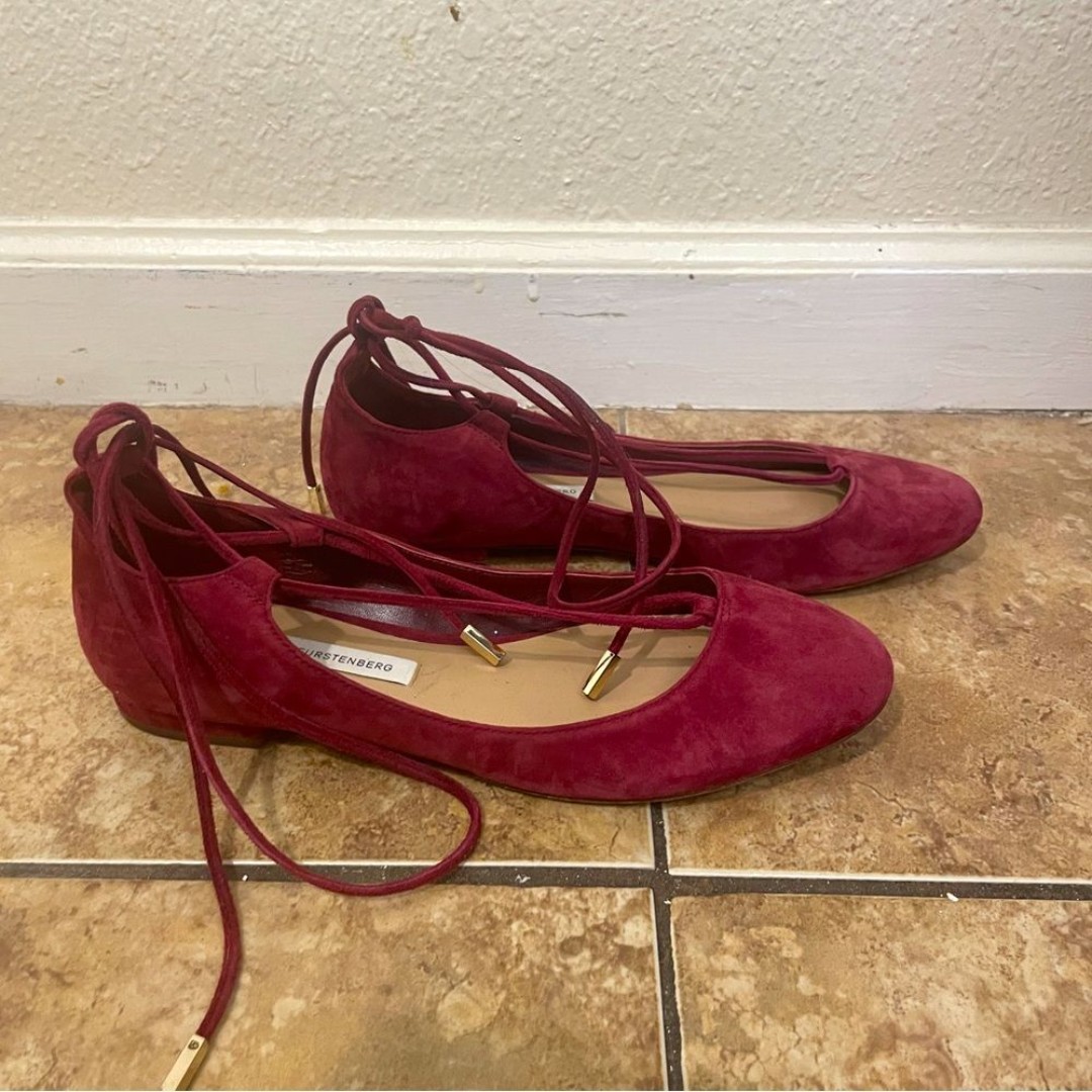 DIANE VON FURSTENBERG Lace Up Suede Ballet Flats In Wine Red Size 6