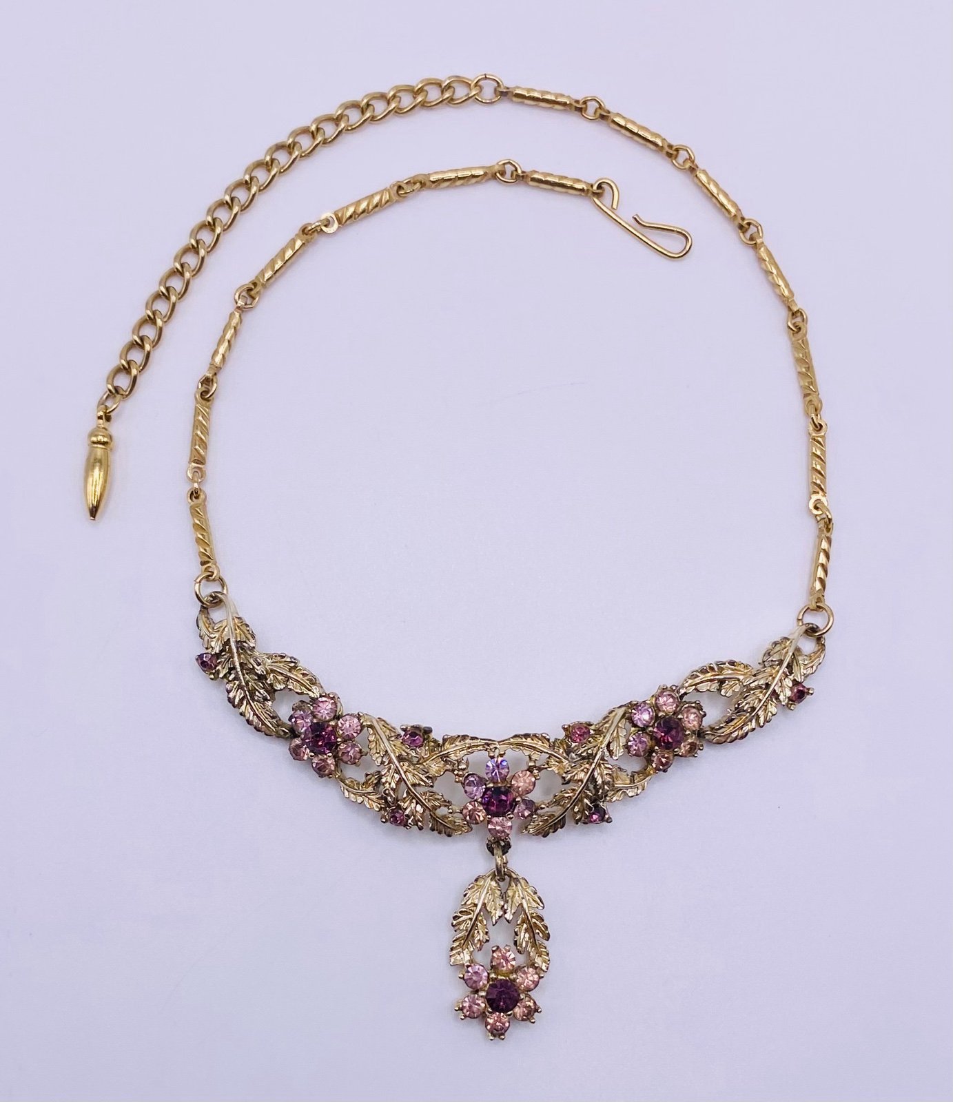 Vintage Coro Pink and Purple Rhinestone Flower Princess Necklace