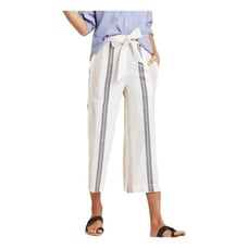 Anthropologie Shorebound Linen Pants Cream Tan Black Striped Cropped Wide Leg L