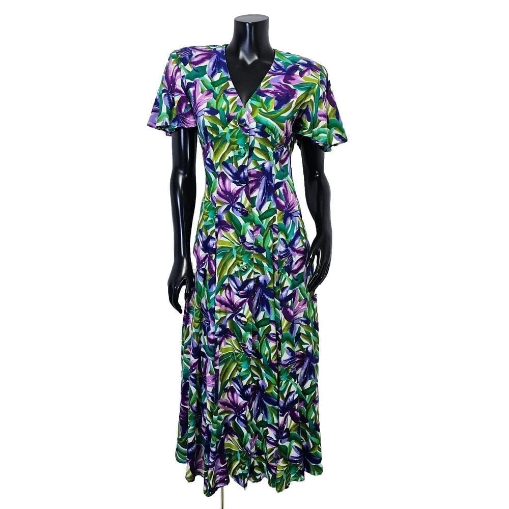 Vintage 90s Erikas Place S Bright Colorful Floral Button Front Summer Dress
