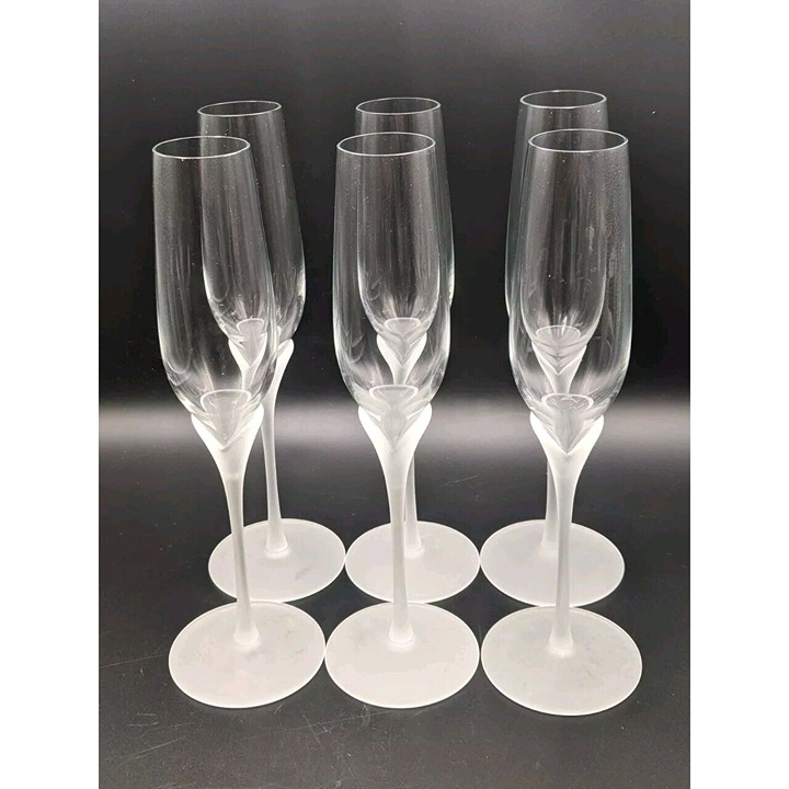 Frosted Stem Champagne Flutes Set of 6 Clear and White Satin Glass 10 8 oz
