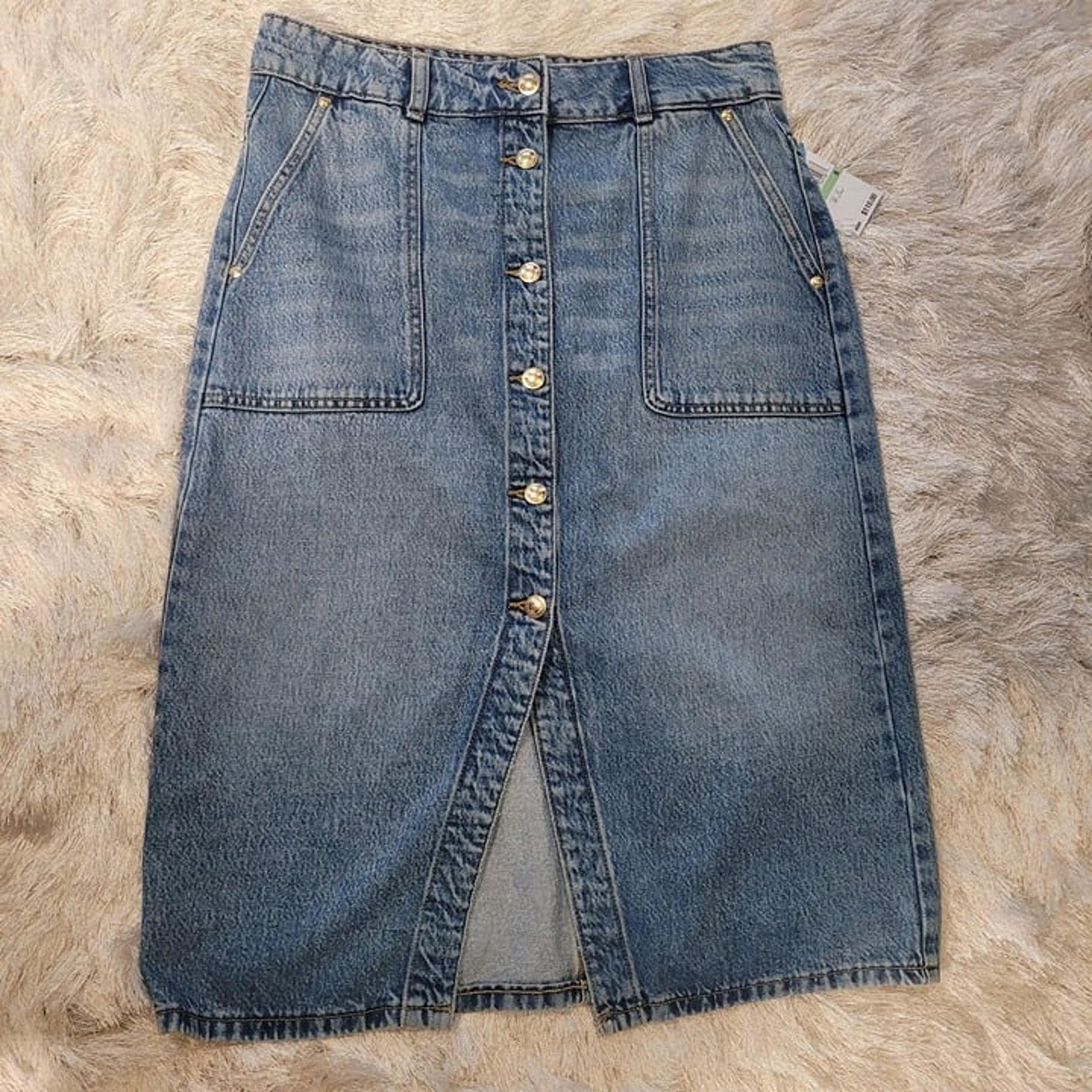 Michael Kors Womens Denim Denim Midi Skirt Front Button Sz 8 Blue