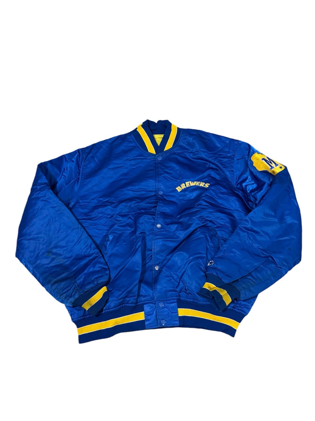 VTG Starter Milwaukee Brewers Satin Bomber Jacket Mens XL Blue Yellow 90s