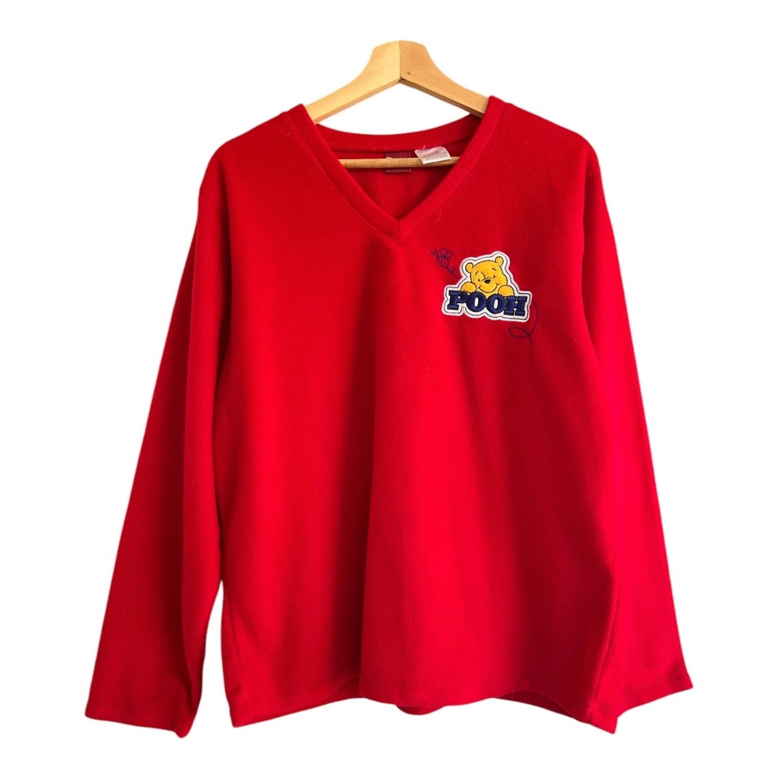 Disney XL Red Winnie the Pooh Bear Fleece Sweater Long Sleeve V Neck