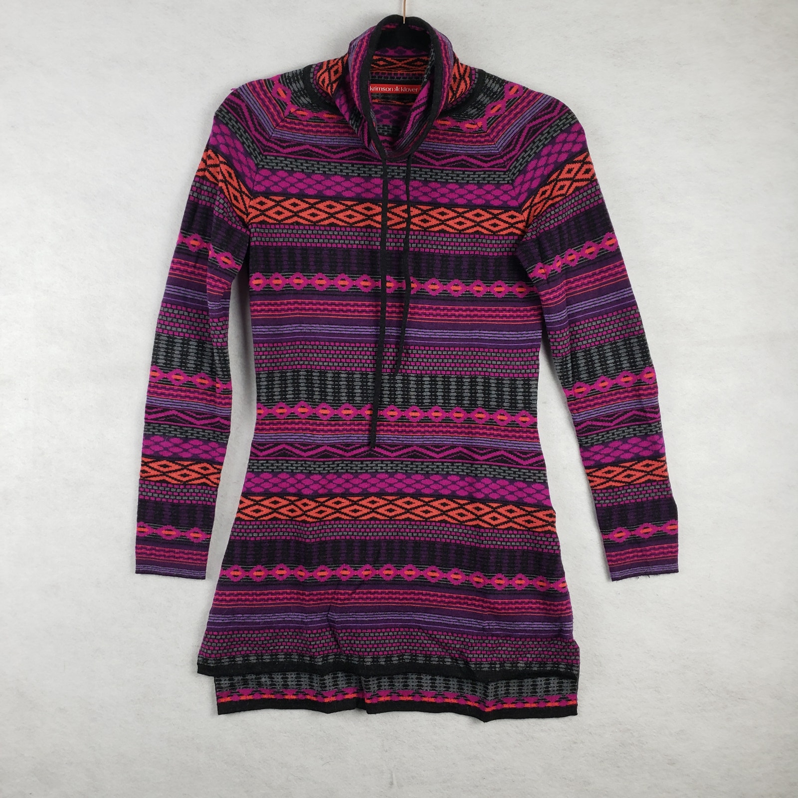 Krimson Klover Womens XS Funnel Neck Tunic Sweater Purple Funky Geometric Nordic