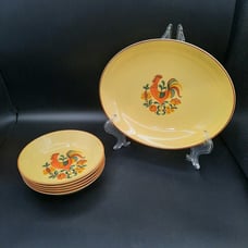 Vintage Smith Taylor Smith Reveille Rooster Yellow Oval Platter & 5 Bowls