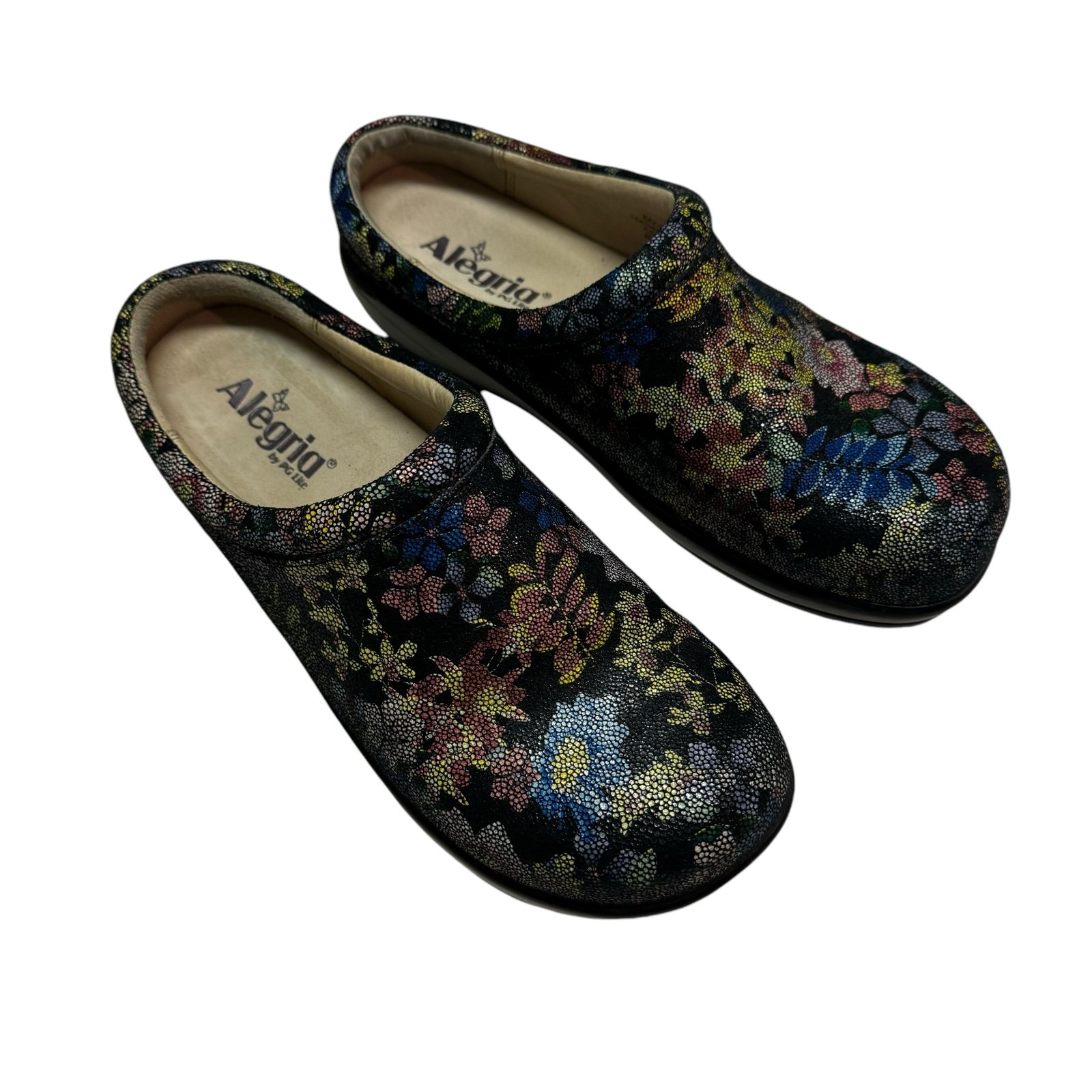ALEGRIA KAY-395 KAYLA MULES SLIP ON CLOGS BLACK FLORAL SIZE 41 US 10.5-11