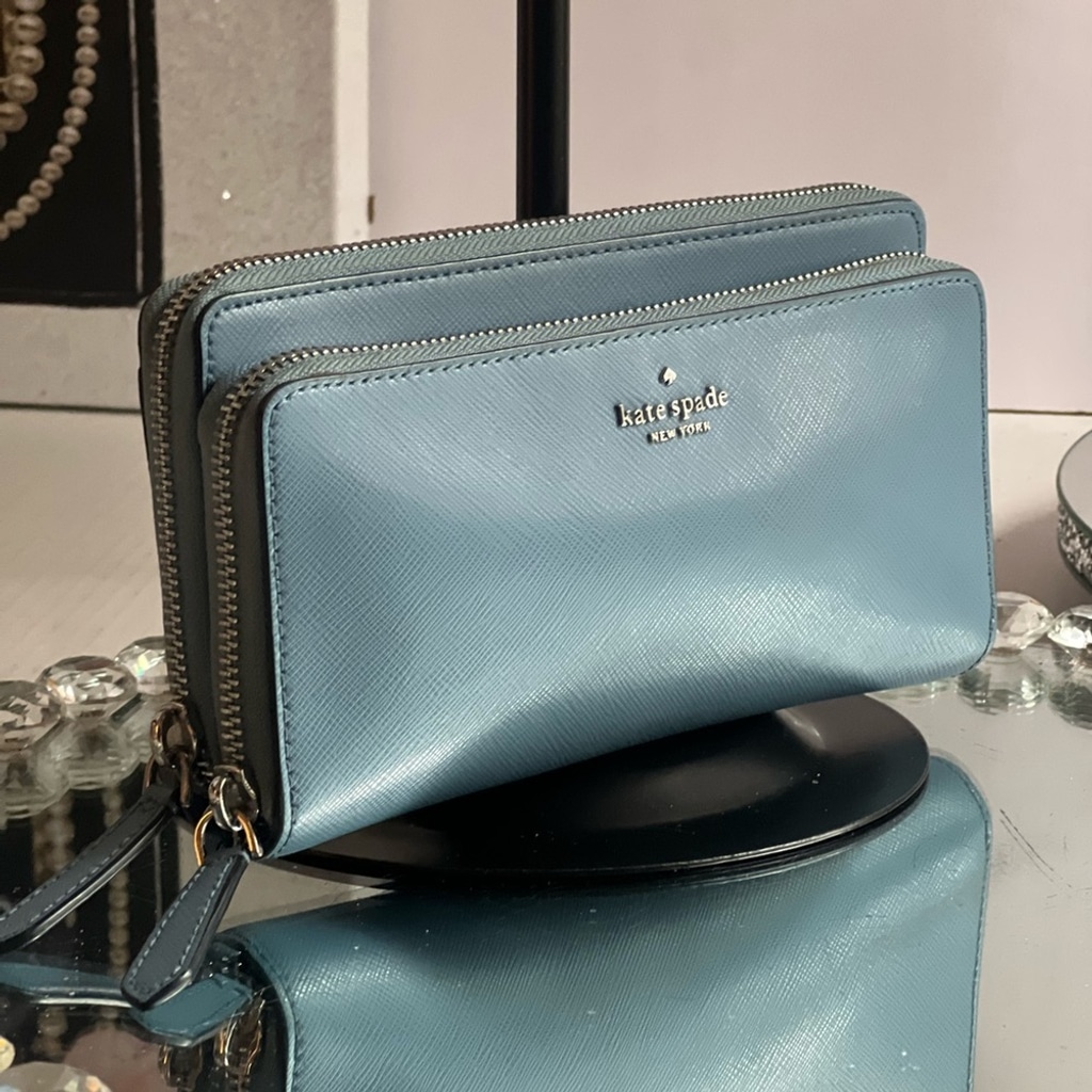 Kate Spade blue Leather Anita Patterson Drive doble zipper Wallet wrislet