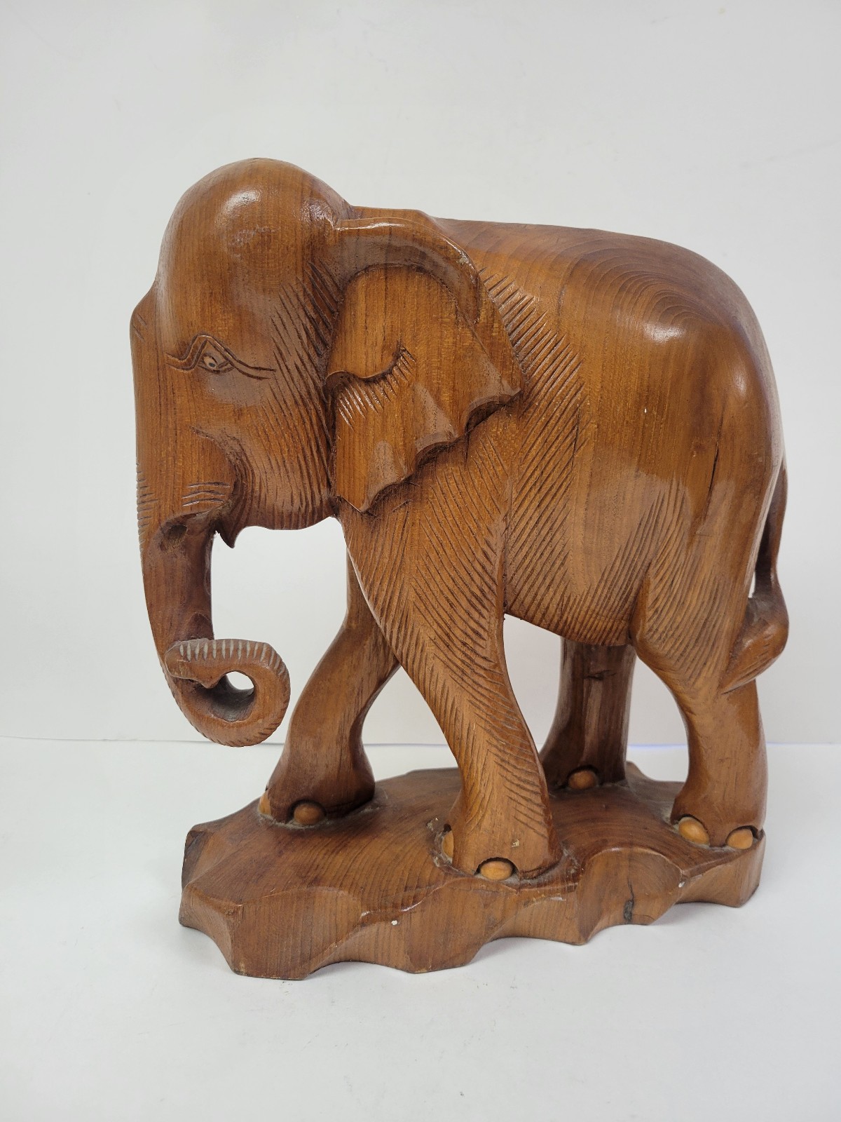 Vintage Hand Carved Elephant Solid Wood Sculpture
