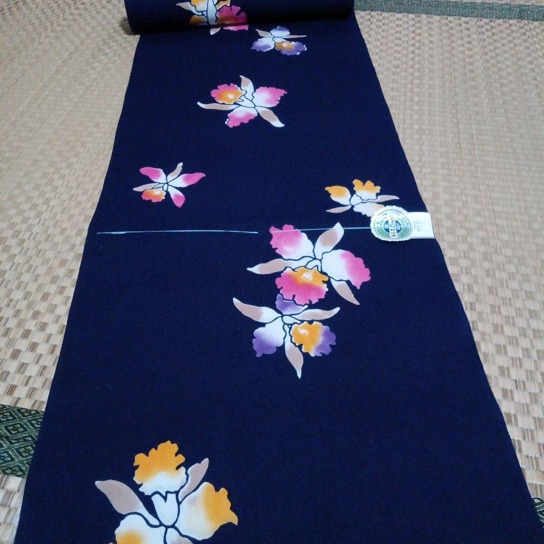 Tokyo Honzome Misogi Dyeing★Flower Pattern Navy Yukata Fabric★Cattleya Pattern