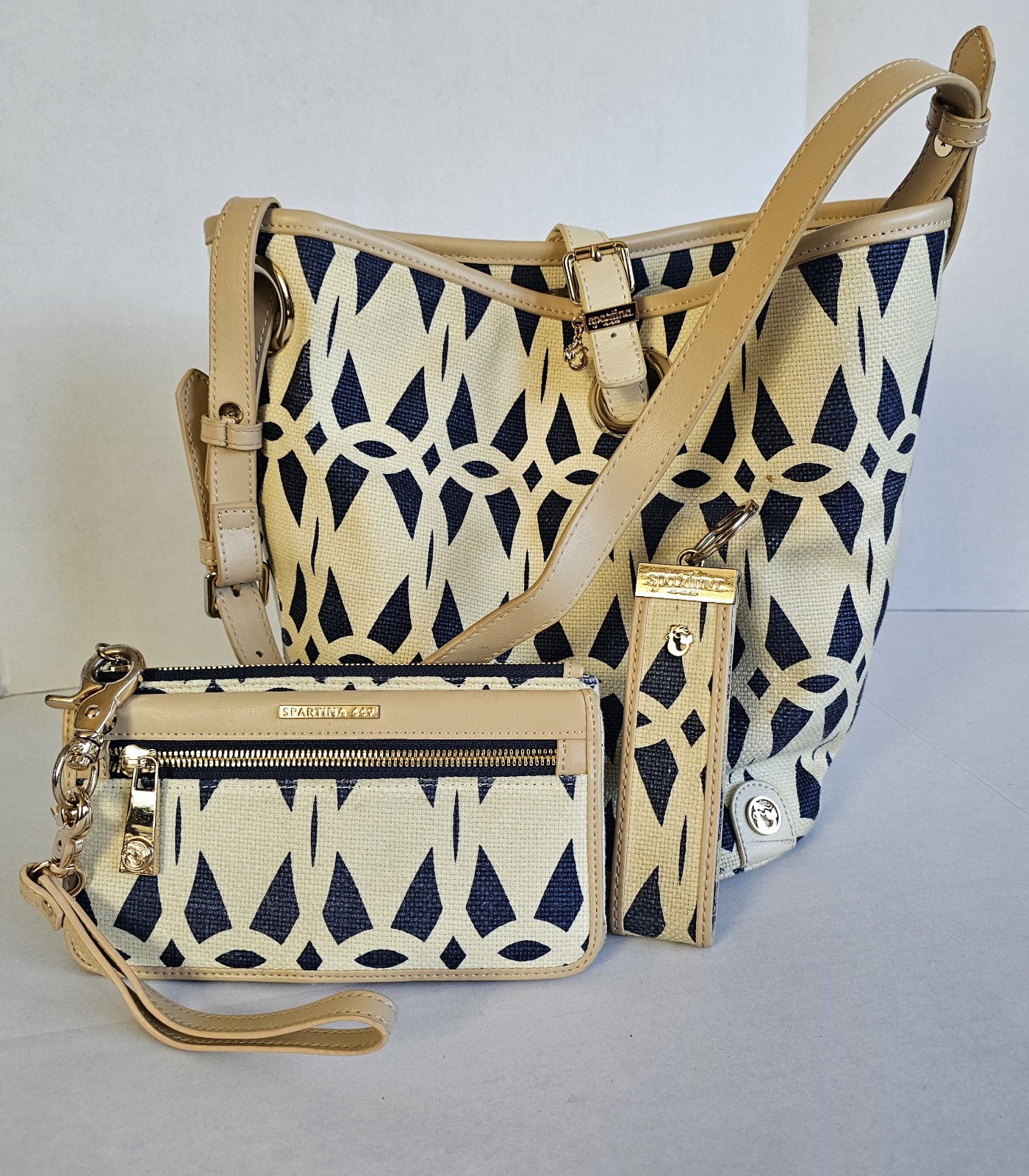 Spartina 449 Tribesa Bucket Handbag, Wristlet & Keychain Linen & Genuine Leather