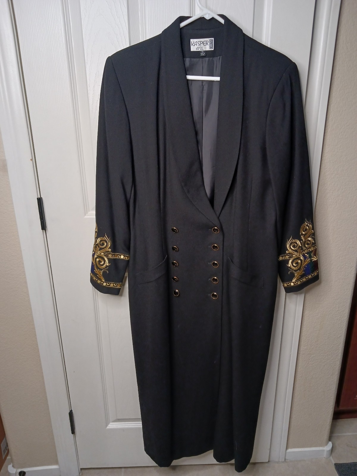 Kasper ASL Dress Coat Black sz 14 double breasted buttons design sleeves