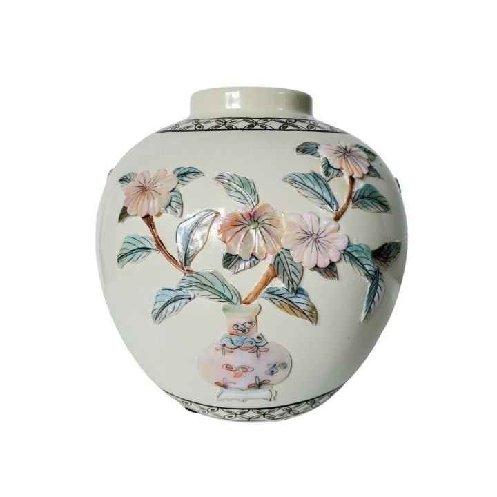 Vtg Round Vase Seashell Flowers 3D Shell Iridescent Design Asian Floral Unique