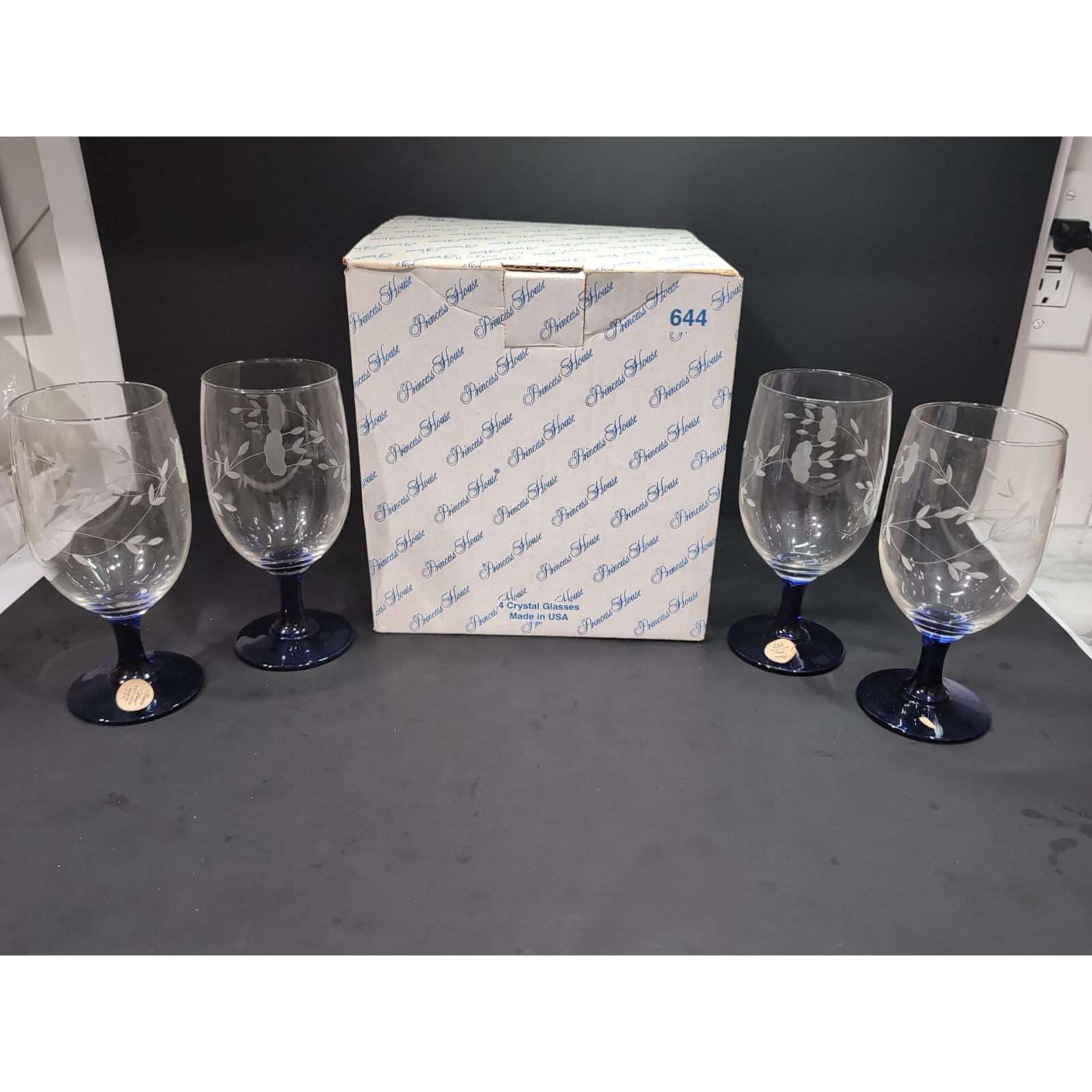 Princess House Crystal Heritage Blue Stem Glasses, Iced Tea Glasses, Set of 4
