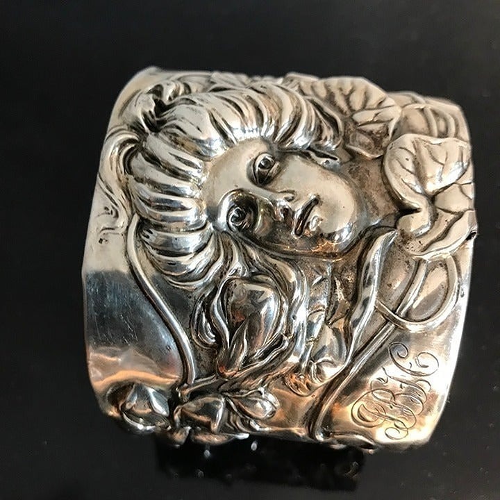 Antique Art Nouveau Sterling Silver Cuff 925 Wide Lady Face Gibson Girl Floral