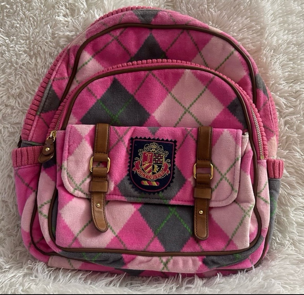 Juicy Couture Y2K 2010” Super Rare Pink Plaid Argyle Velour Backpack - NWOT
